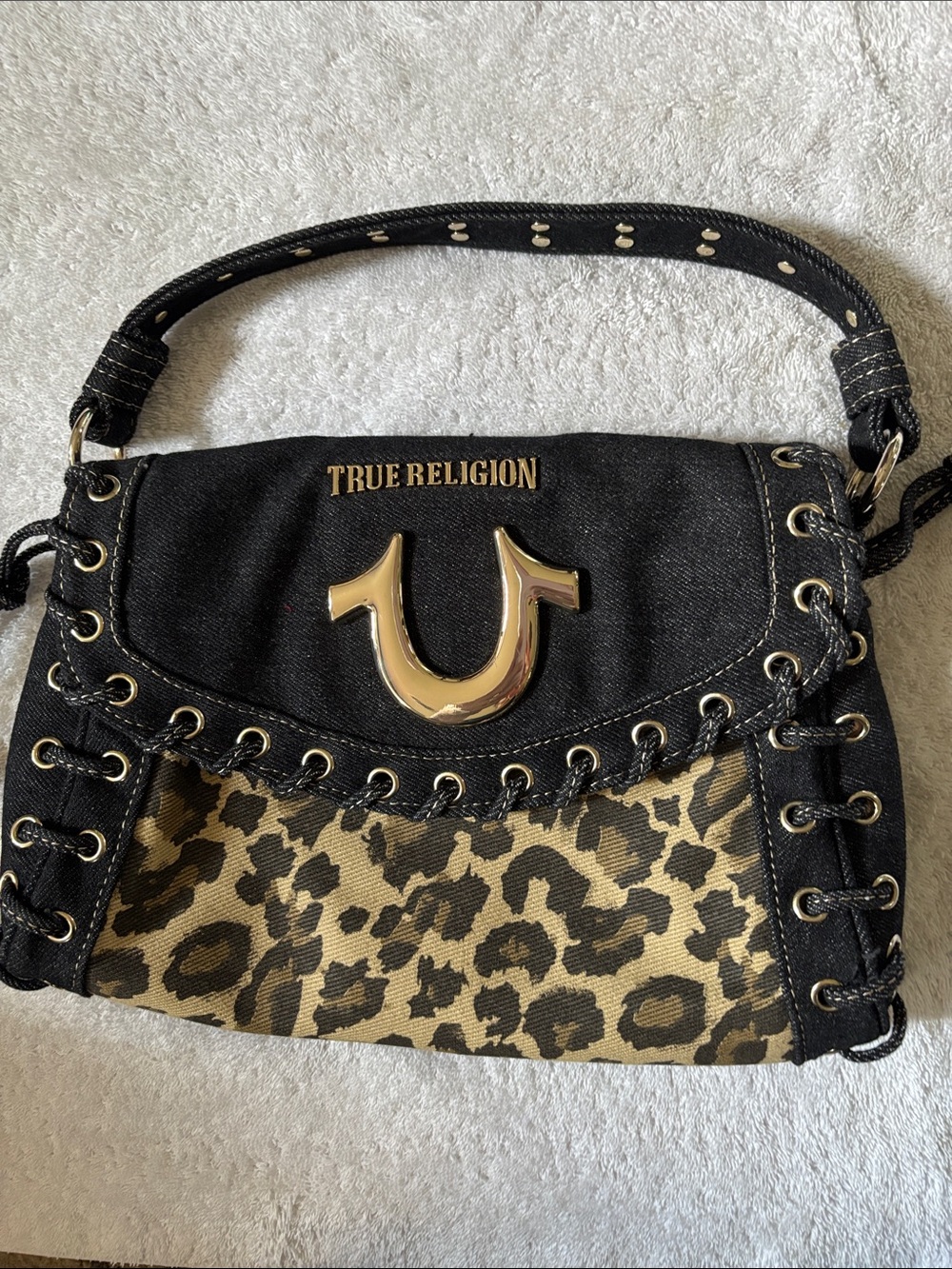 True Religion Black Shoulder Bag with Leopard Print Panel and Gold Hardware